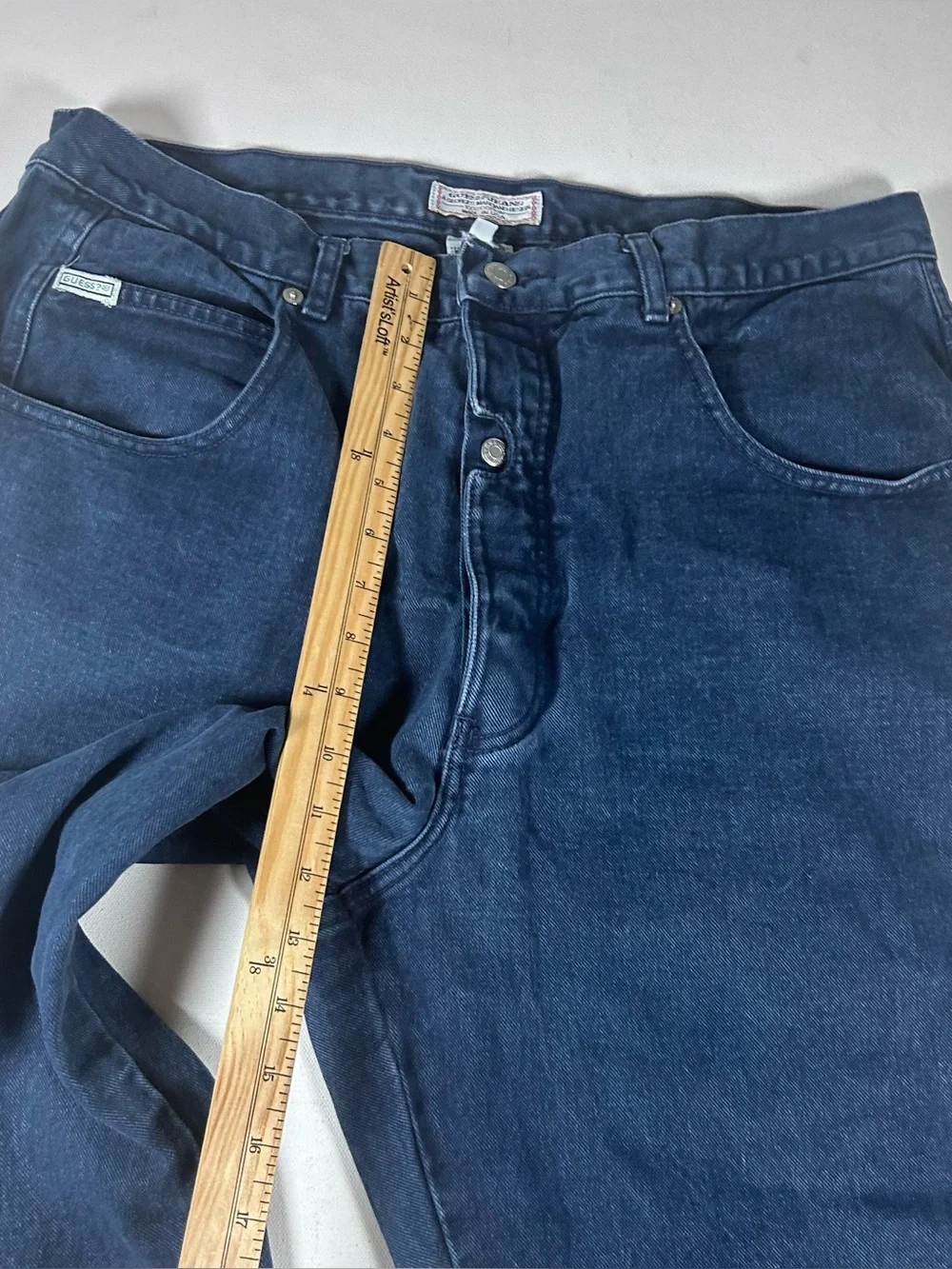 VTG 90s Guess USA Jeans Fits: 36X31 Baggy Taper Leg Mens Blue Unique Button Fly